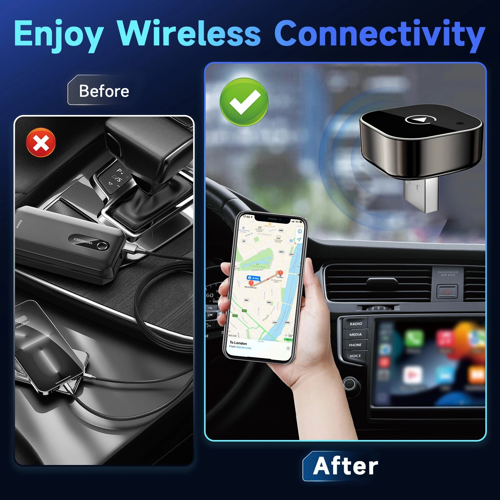 2In1 Wireless Carplay Adapter Android Auto AI Smart Box Car Intelligent Systems for VW Toyota Nissan Honda Ford Benz